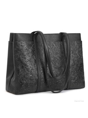 Full Grain Leather Tote Bag Floral Embossed Large Shoulder Satchel